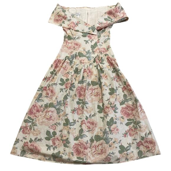 VTG 80s Jessica McClintock Bridal Dress 7/8 Off the Shoulder Floral Cottage - Picture 1 of 11